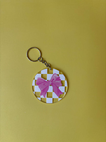 Checkered Bow Circle Keychain